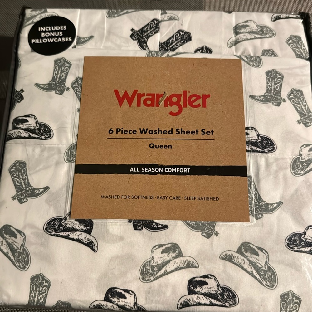 6 piece Cowboy Hat & Boots Sheet Set, Wrangler Cowboy Sheets, queen Size, NWT